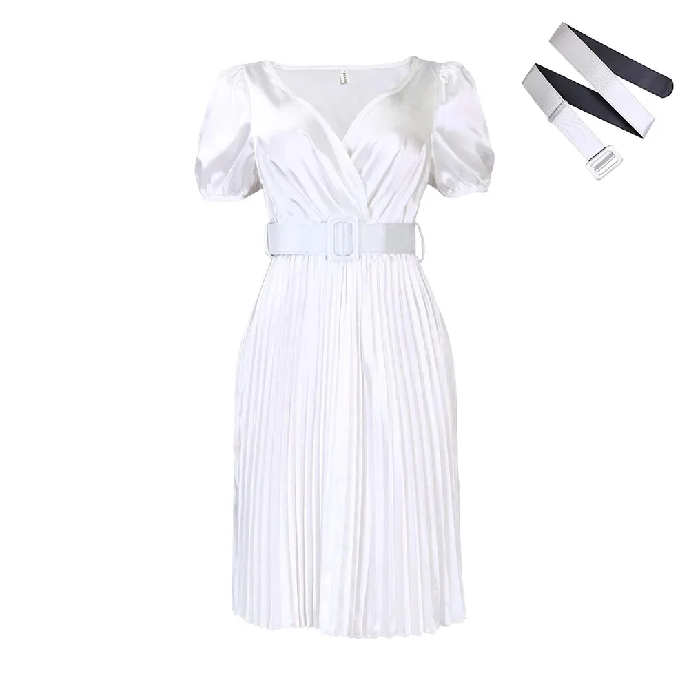 Women Mini Pleated Dress Shiny Casual Elegant V Neck Short Sleeves Waist Belt Office Ladies Work Wear Big Size 3XL 2023 Summer - Image 10