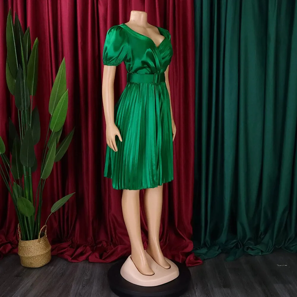 Women Mini Pleated Dress Shiny Casual Elegant V Neck Short Sleeves Waist Belt Office Ladies Work Wear Big Size 3XL 2023 Summer - Image 3