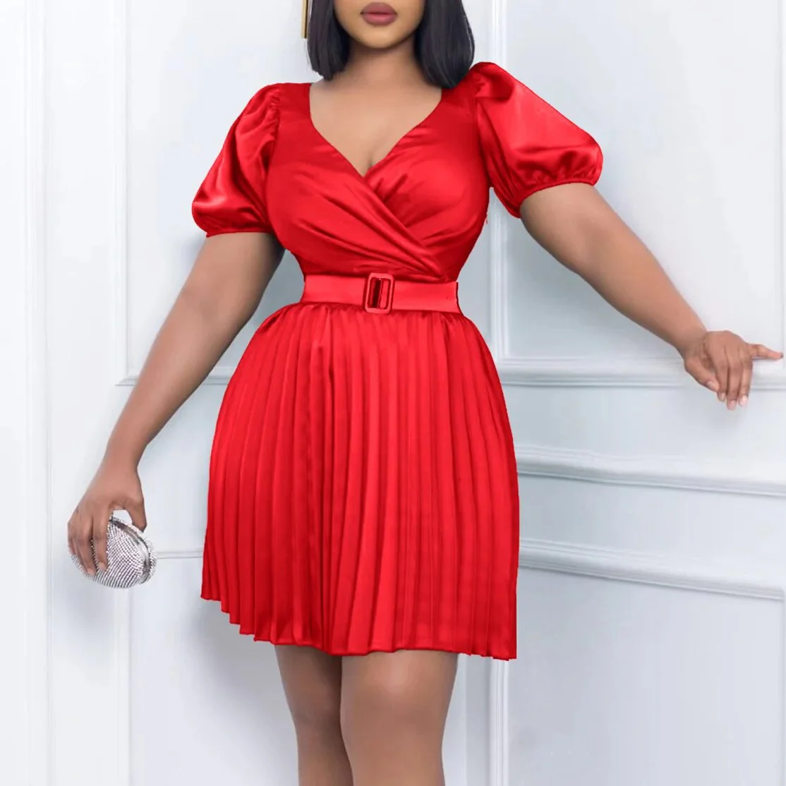 Women Mini Pleated Dress Shiny Casual Elegant V Neck Short Sleeves Waist Belt Office Ladies Work Wear Big Size 3XL 2023 Summer - Image 6