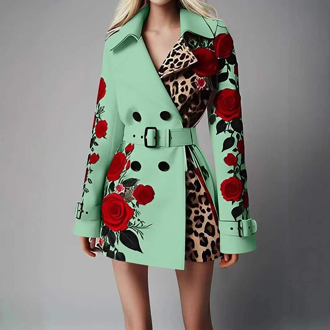 Women New Long Sleeve Floral Flower Printed Office Coat Double Button Belt Lapel Collar High Waist Jacket - Image 2