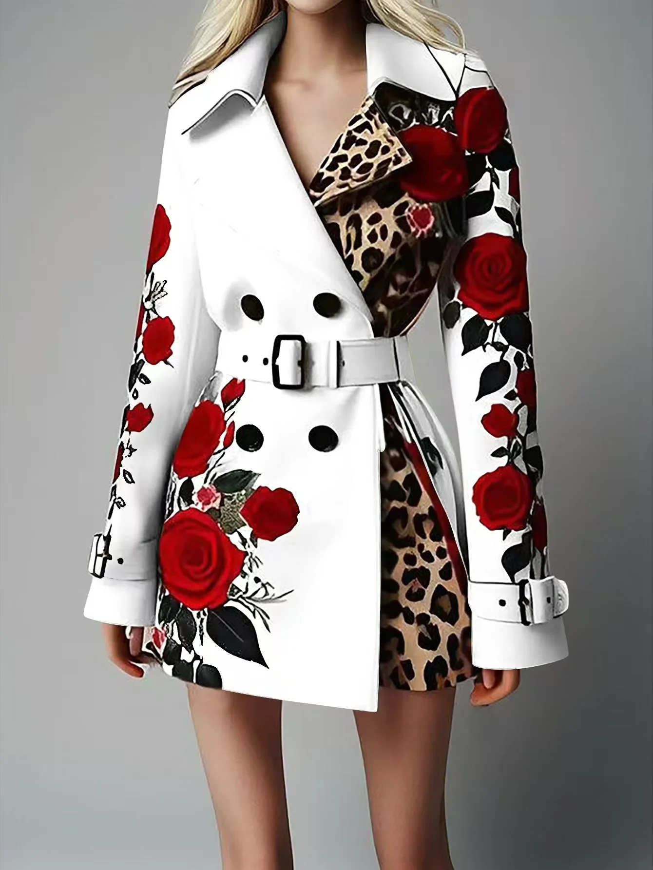 Women New Long Sleeve Floral Flower Printed Office Coat Double Button Belt Lapel Collar High Waist Jacket - Image 8