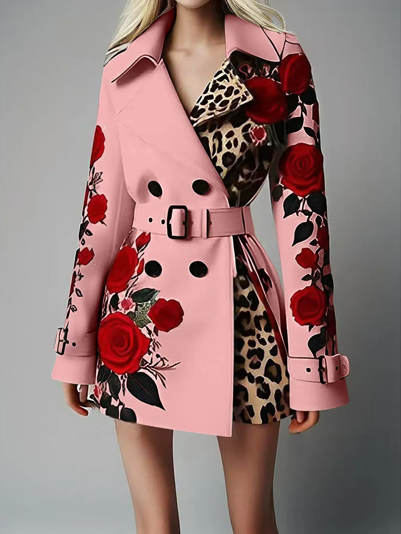 Women New Long Sleeve Floral Flower Printed Office Coat Double Button Belt Lapel Collar High Waist Jacket - Image 9