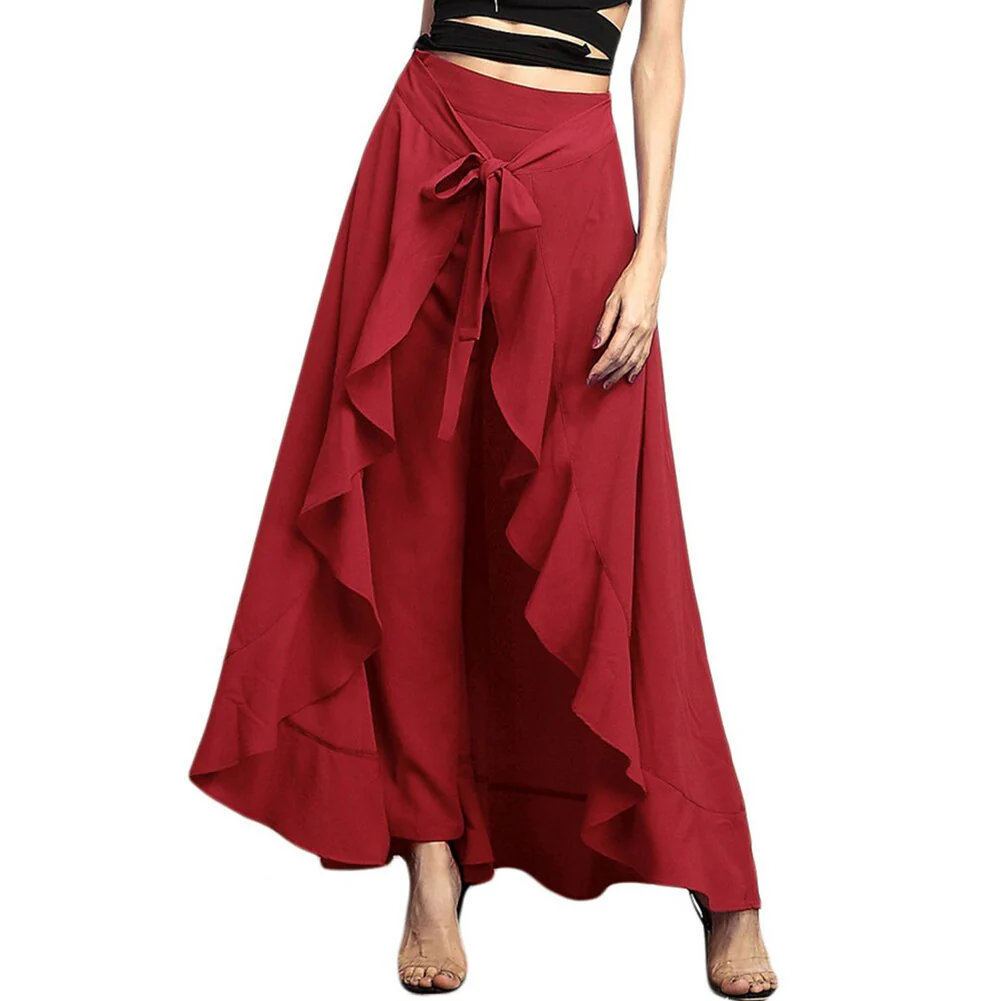 Women Palazzo Pants 2021 Causal Ruffle Drawstring Trouser Elegant High Waist Irregular Loose Pure Color Autumn Female Pant Skirt - Image 6