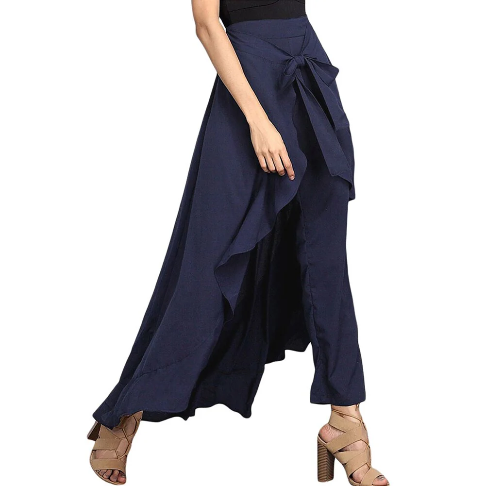 Women Palazzo Pants 2021 Causal Ruffle Drawstring Trouser Elegant High Waist Irregular Loose Pure Color Autumn Female Pant Skirt - Image 8