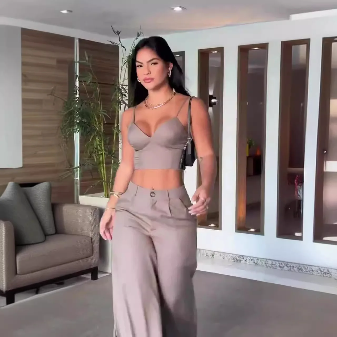 Women Pant Set Two Piece Sets Sexy Sling Sleeveless V Neck Short Tops Slim Fit Wide Leg Long Pants High Waist Elegant Splice - Image 2