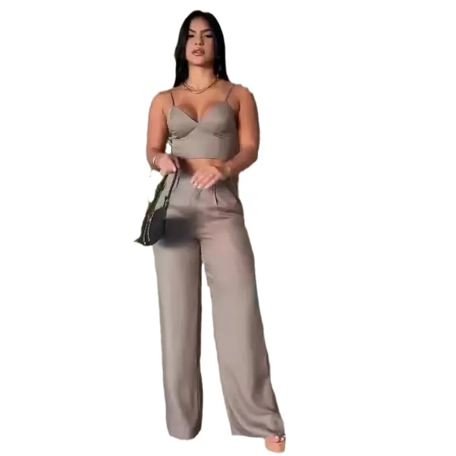 Women Pant Set Two Piece Sets Sexy Sling Sleeveless V Neck Short Tops Slim Fit Wide Leg Long Pants High Waist Elegant Splice - Image 5