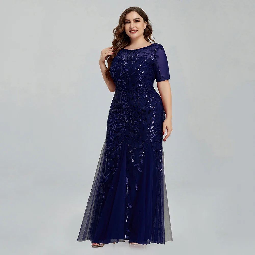 Women Plus Size Sequin Mesh Embroidery Mermaid  Evening Dress Formal Short Sleeve Elegant Party Prom Gowns 2020 New Long Dress - Image 5