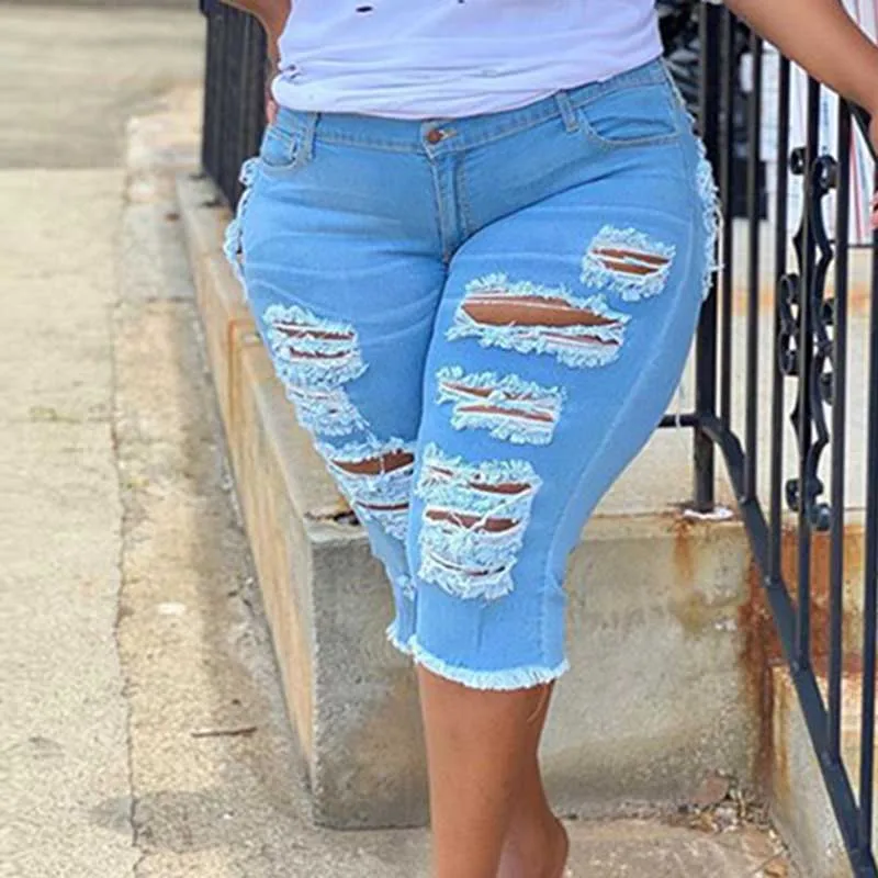 Women Plus Size Street Fringe Ripped Stretch Skinny Black Denim Shorts Summer Sexy Club Party High Waisted Short Jeans Hotpants - Image 8