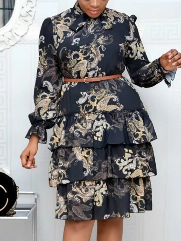 Women Printed Dresses Long Sleeves Bowtie Cake Dress Female Ruffles Pleated Africn Fashion Lovely Date Sweet Vestidos Big Size - Image 2