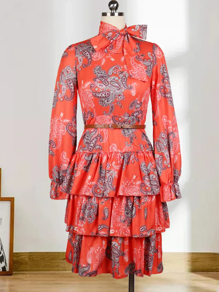 Women Printed Dresses Long Sleeves Bowtie Cake Dress Female Ruffles Pleated Africn Fashion Lovely Date Sweet Vestidos Big Size - Image 3