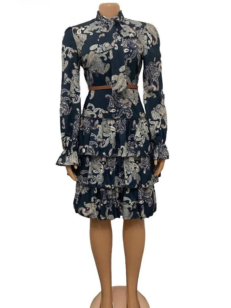 Women Printed Dresses Long Sleeves Bowtie Cake Dress Female Ruffles Pleated Africn Fashion Lovely Date Sweet Vestidos Big Size - Image 4