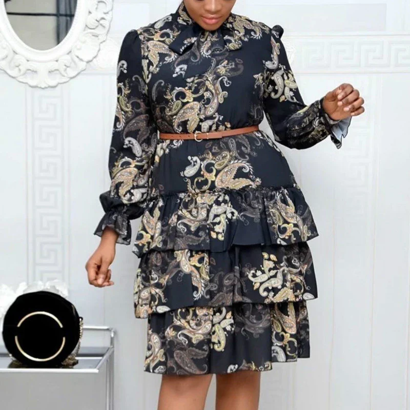 Women Printed Dresses Long Sleeves Bowtie Cake Dress Female Ruffles Pleated Africn Fashion Lovely Date Sweet Vestidos Big Size - Image 7