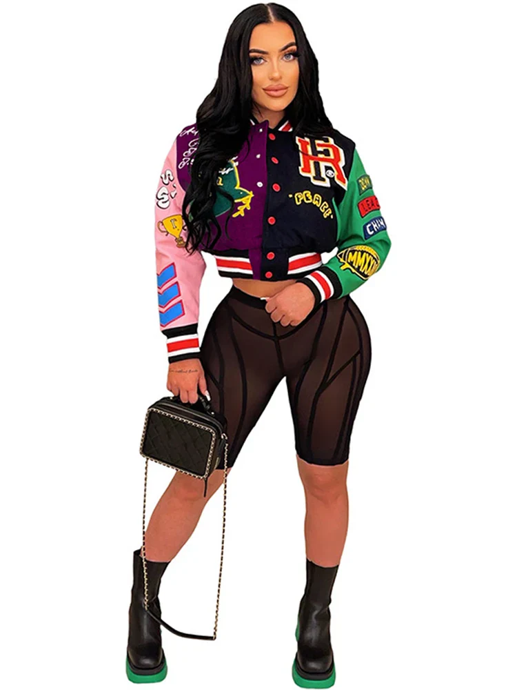 Women Printed Thread Letter Baseball Jacket Spring Single Breasted Cropped Y2K Streetwear 2023 Racing Color Contrast Bomber Coat - Image 3