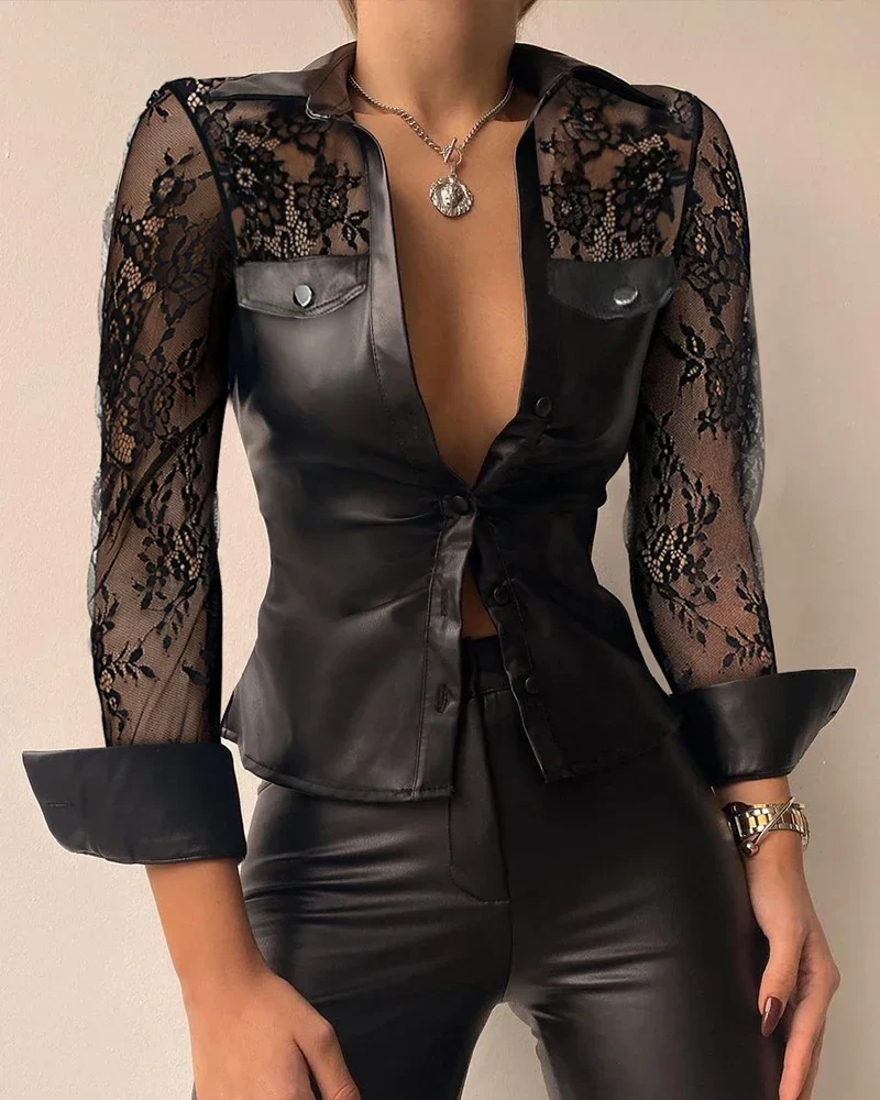 Women PU Leather Sheer Mesh Top Femme Casual Buttoned Long Sleeve Pocket Design Skinny Blouse Office Lady Outfits Y2k - Image 2