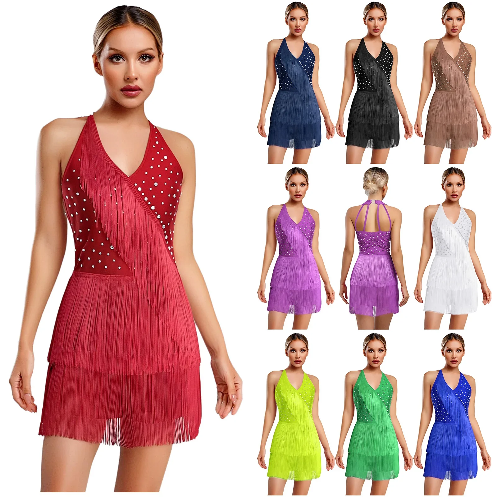Women Rhinestones Latin Dance Costume Tassel Gymnastics Leotard Bodysuit Ballet Tango Salsa Jazz Performance Fringed Jumpsuits - Image 2