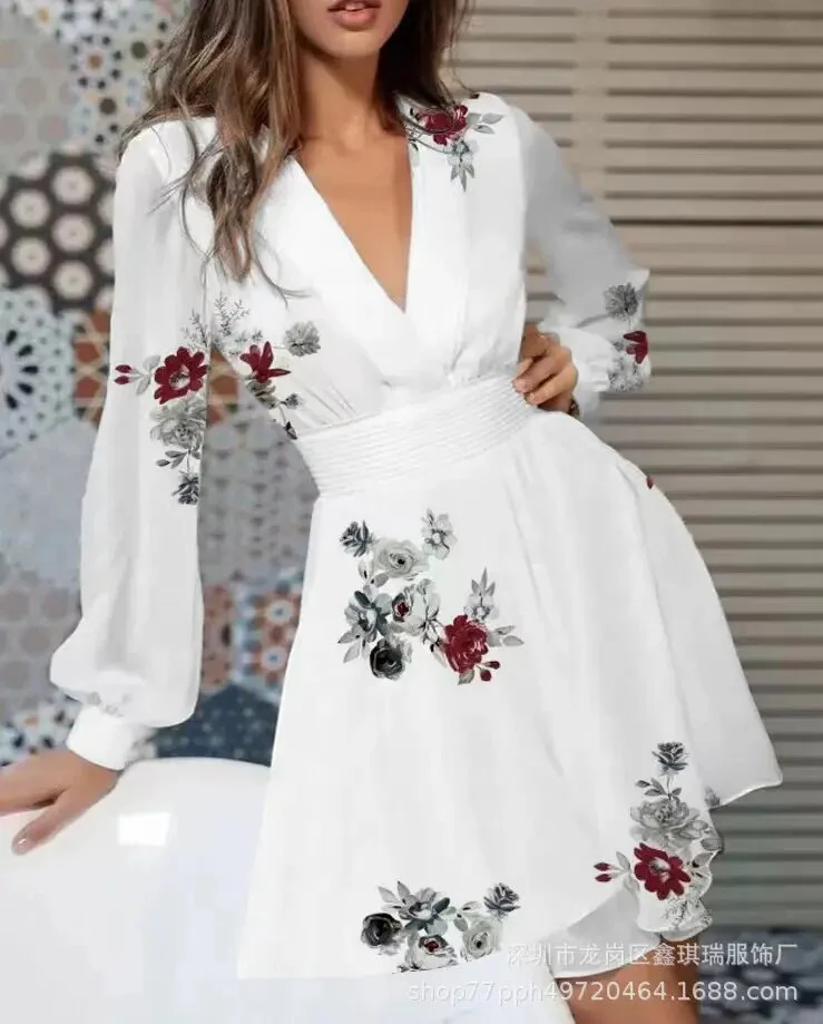 Women Robe Femme Autumn Print A-Line Dresses Patchwork V-Neck Long Sleeve Elastic Waist Slim Dress For Woman Vestido De Mujer - Image 8