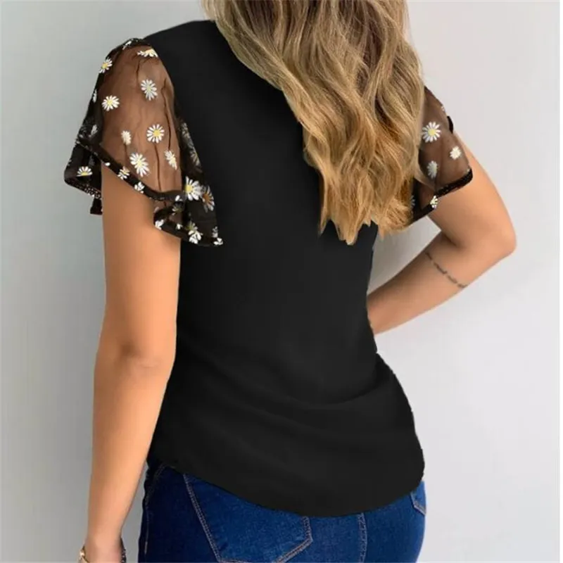 Women Ruffles Short Sleeve T-Shirt Summer Fashion Casual Flower Embroidery Cutout Mesh Sheer Tops Slim Vintage Pullover Tee - Image 2
