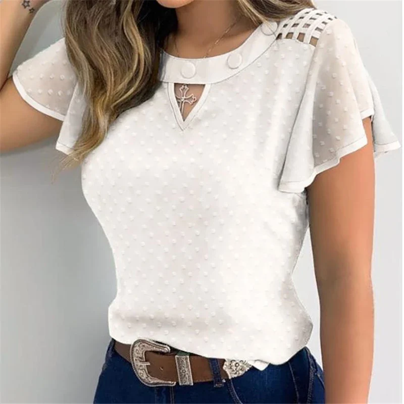 Women Ruffles Short Sleeve T-Shirt Summer Fashion Casual Flower Embroidery Cutout Mesh Sheer Tops Slim Vintage Pullover Tee - Image 3