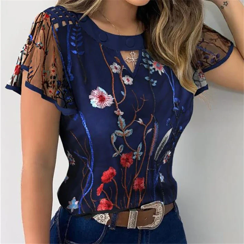 Women Ruffles Short Sleeve T-Shirt Summer Fashion Casual Flower Embroidery Cutout Mesh Sheer Tops Slim Vintage Pullover Tee - Image 4