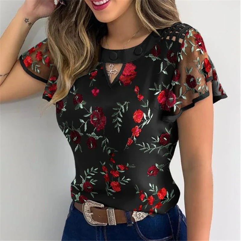 Women Ruffles Short Sleeve T-Shirt Summer Fashion Casual Flower Embroidery Cutout Mesh Sheer Tops Slim Vintage Pullover Tee - Image 5