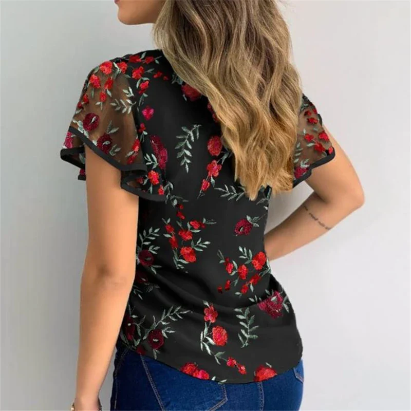 Women Ruffles Short Sleeve T-Shirt Summer Fashion Casual Flower Embroidery Cutout Mesh Sheer Tops Slim Vintage Pullover Tee - Image 6