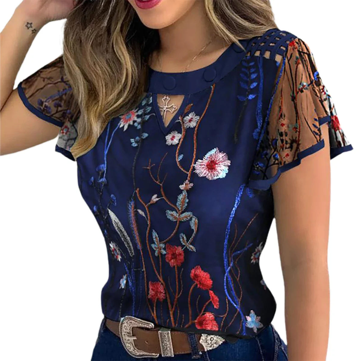 Women Ruffles Short Sleeve T-Shirt Summer Fashion Casual Flower Embroidery Cutout Mesh Sheer Tops Slim Vintage Pullover Tee - Image 8