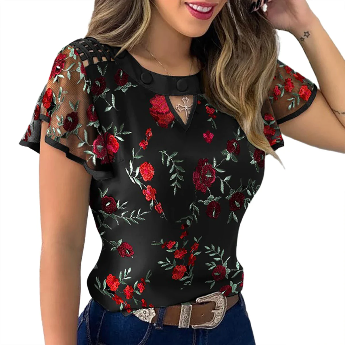 Women Ruffles Short Sleeve T-Shirt Summer Fashion Casual Flower Embroidery Cutout Mesh Sheer Tops Slim Vintage Pullover Tee - Image 9