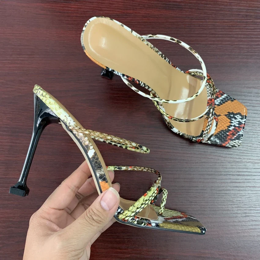 Women sandals snake print strappy mule heels sandals slippers women high heels flip flops square toe slides party shoes woman - Image 5