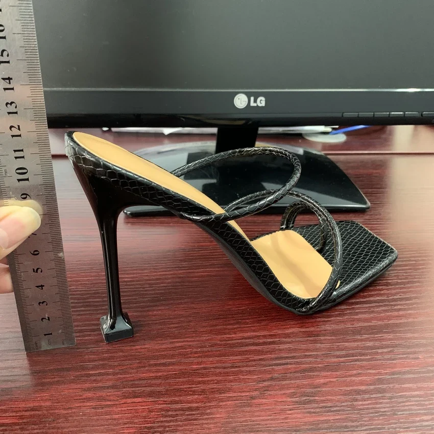 Women sandals snake print strappy mule heels sandals slippers women high heels flip flops square toe slides party shoes woman - Image 6