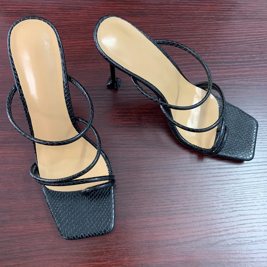 Women sandals snake print strappy mule heels sandals slippers women high heels flip flops square toe slides party shoes woman - Image 8