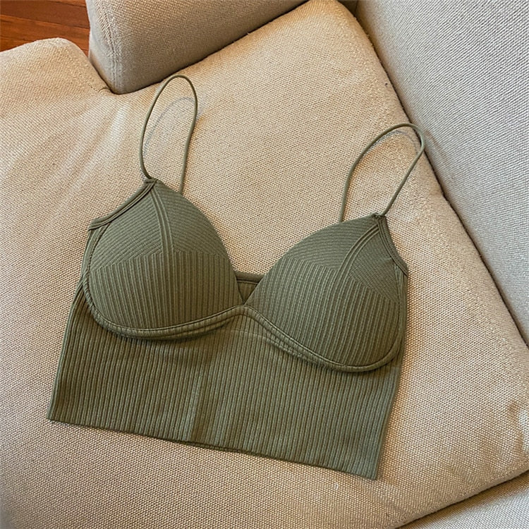 Women Seamless Crop Top Underwear Wire-Free V-Shaped Camisole Thin Straps Striped Solid Bralette Lingerie One-Piece Tube Tops - Image 2
