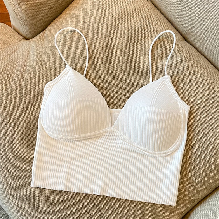 Women Seamless Crop Top Underwear Wire-Free V-Shaped Camisole Thin Straps Striped Solid Bralette Lingerie One-Piece Tube Tops - Image 6