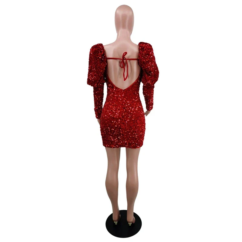 Women Sequines Mini Dress Autumn Long Puff Sleeve Square Neck Sexy Backless Lace Up Package Hip Dress Nightclub Party Bodycon - Image 6