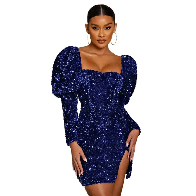 Women Sequines Mini Dress Autumn Long Puff Sleeve Square Neck Sexy Backless Lace Up Package Hip Dress Nightclub Party Bodycon - Image 8