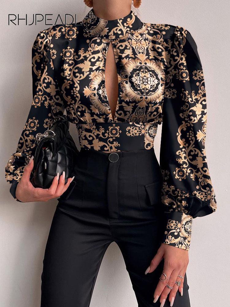 Women Sexy Backless Hollow Print Shirts Fashion Party Crop Top 2023 Spring Casual Stand Long Sleeve Office Lady Blouses And Top