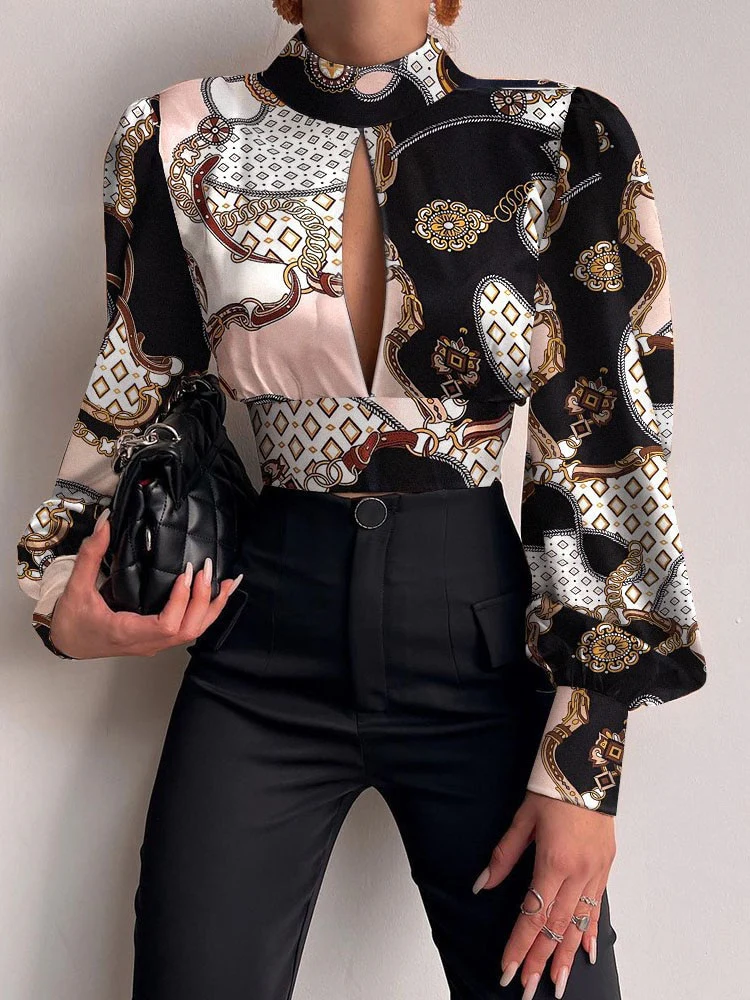 Women Sexy Backless Hollow Print Shirts Fashion Party Crop Top 2023 Spring Casual Stand Long Sleeve Office Lady Blouses And Top - Image 12