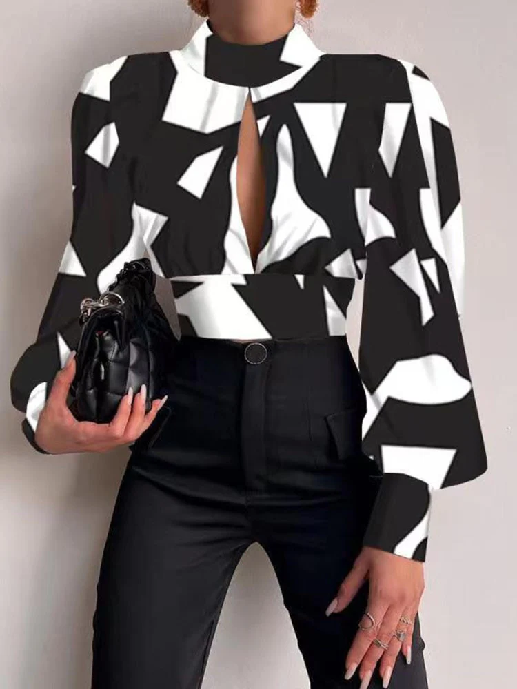 Women Sexy Backless Hollow Print Shirts Fashion Party Crop Top 2023 Spring Casual Stand Long Sleeve Office Lady Blouses And Top - Image 13