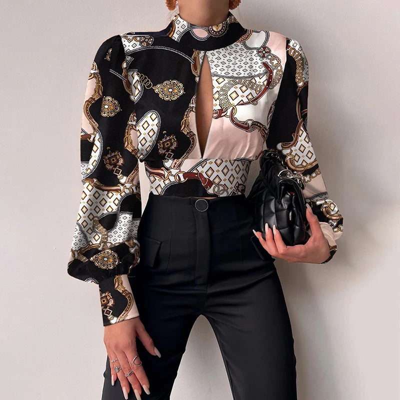 Women Sexy Backless Hollow Print Shirts Fashion Party Crop Top 2023 Spring Casual Stand Long Sleeve Office Lady Blouses And Top - Image 2