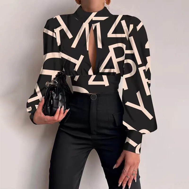 Women Sexy Backless Hollow Print Shirts Fashion Party Crop Top 2023 Spring Casual Stand Long Sleeve Office Lady Blouses And Top - Image 3