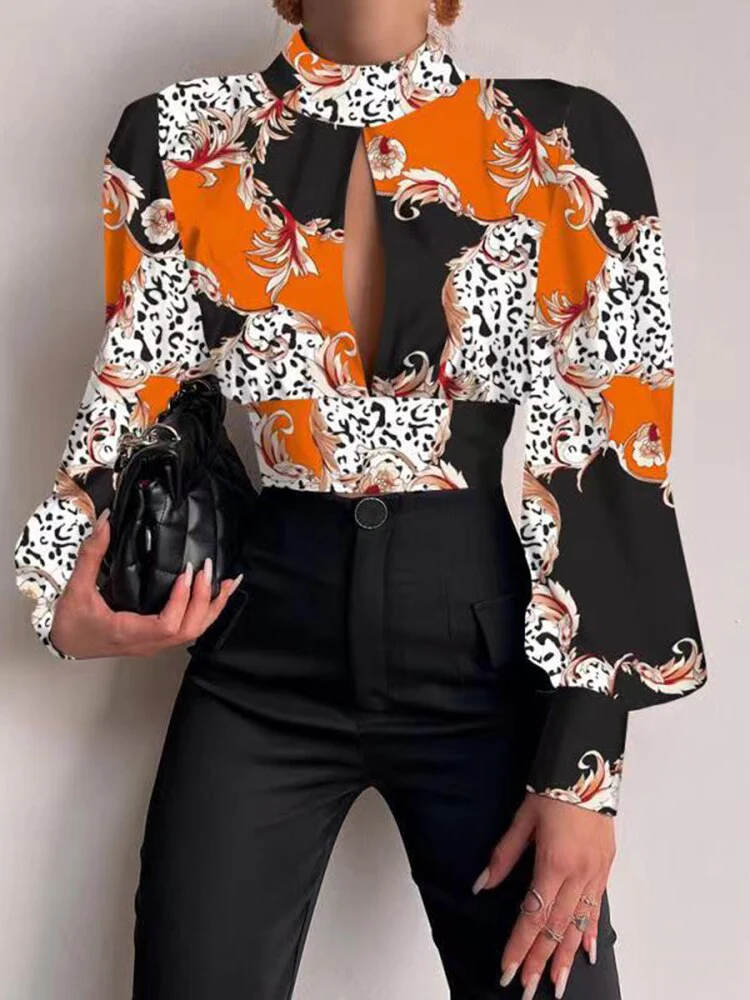 Women Sexy Backless Hollow Print Shirts Fashion Party Crop Top 2023 Spring Casual Stand Long Sleeve Office Lady Blouses And Top - Image 5
