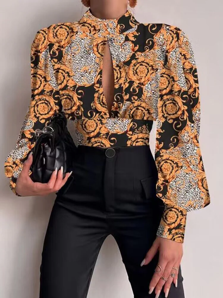 Women Sexy Backless Hollow Print Shirts Fashion Party Crop Top 2023 Spring Casual Stand Long Sleeve Office Lady Blouses And Top - Image 6