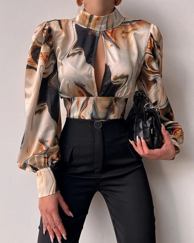 Women Sexy Backless Hollow Print Shirts Fashion Party Crop Top 2023 Spring Casual Stand Long Sleeve Office Lady Blouses And Top - Image 7
