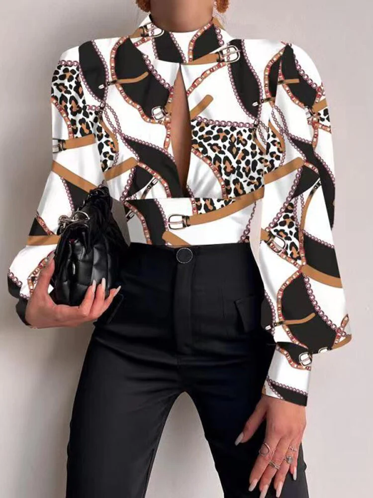 Women Sexy Backless Hollow Print Shirts Fashion Party Crop Top 2023 Spring Casual Stand Long Sleeve Office Lady Blouses And Top - Image 8