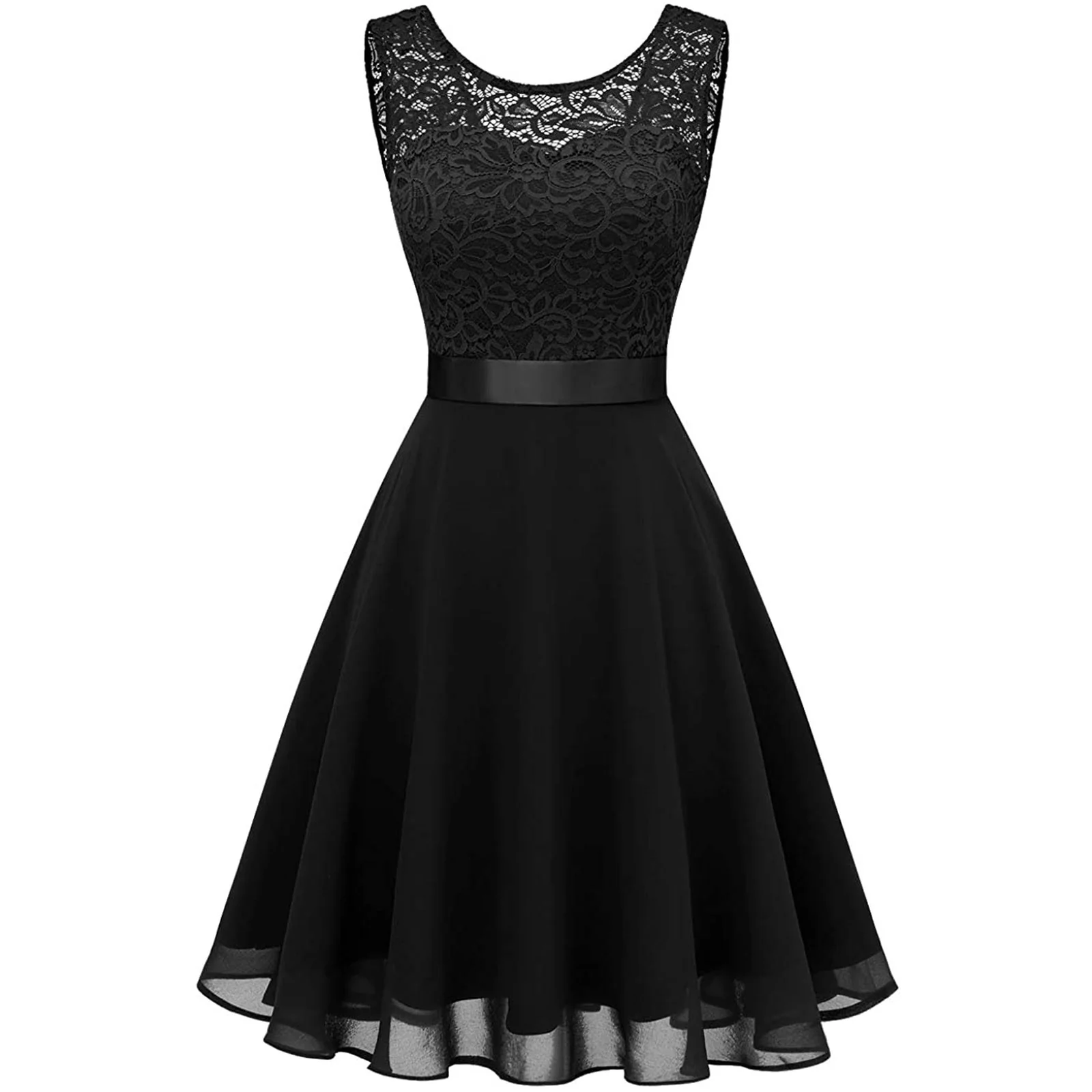 Women Sexy Lace Party Dress Fashion Female O Neck Sleeveless Loose Belt Bridesmaid Formal Dress - Image 2