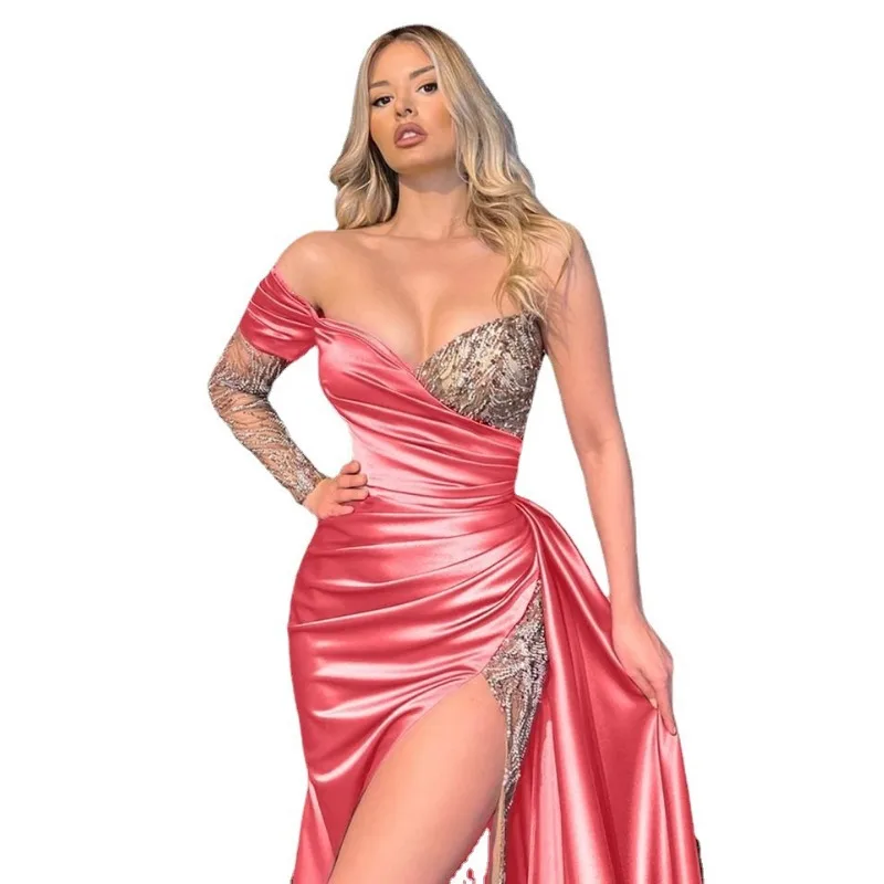 Women Sexy Lace Slim Fit Patchwork Split Irregular Dress 2023 Autumn Elegant Dress Women Slash Neck Strapless Party Formal Dress - Image 5