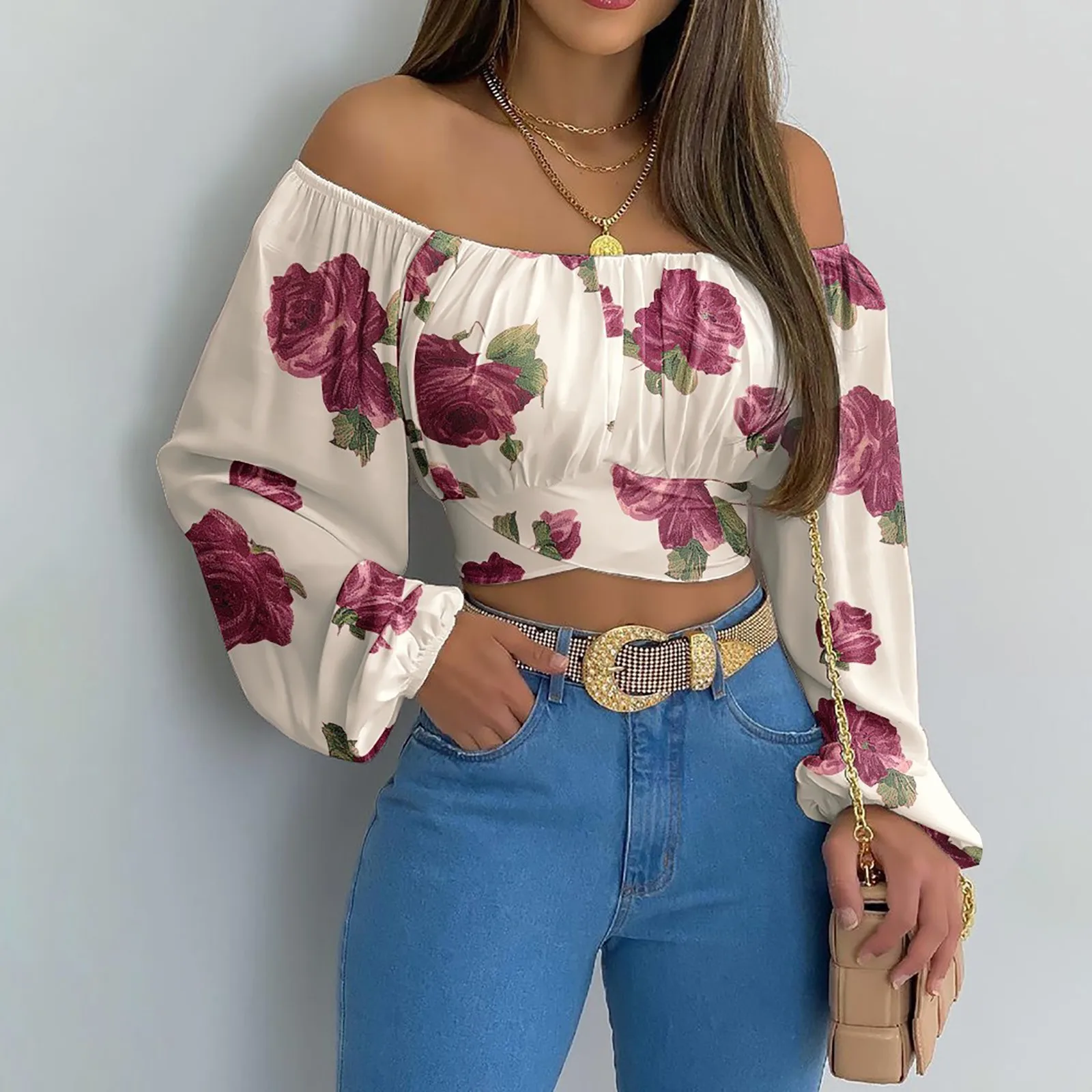 Women Sexy Off Shoulder Blouse Chic and Elegant Printing Lantern Long Sleeve Lace Up Bow Cropped Tops Casual Slim Shirts 2024 - Image 30