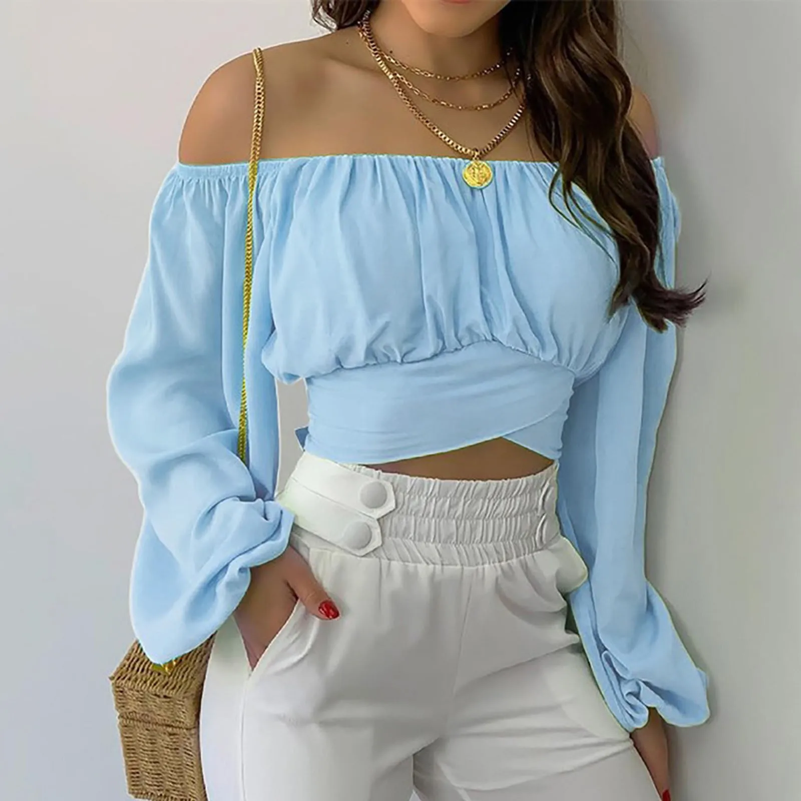 Women Sexy Off Shoulder Blouse Chic and Elegant Printing Lantern Long Sleeve Lace Up Bow Cropped Tops Casual Slim Shirts 2024 - Image 12