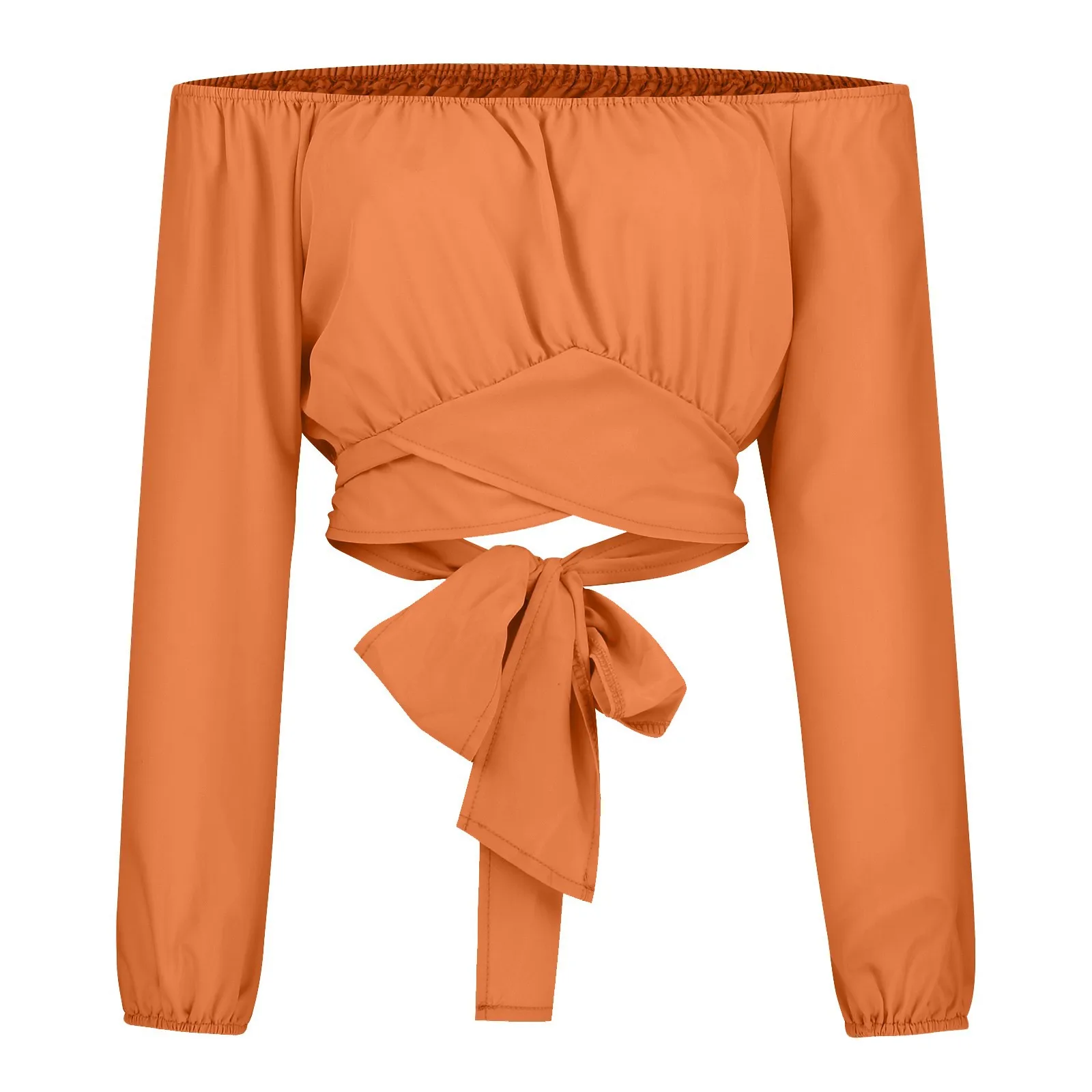 Women Sexy Off Shoulder Blouse Chic and Elegant Printing Lantern Long Sleeve Lace Up Bow Cropped Tops Casual Slim Shirts 2024 - Image 17