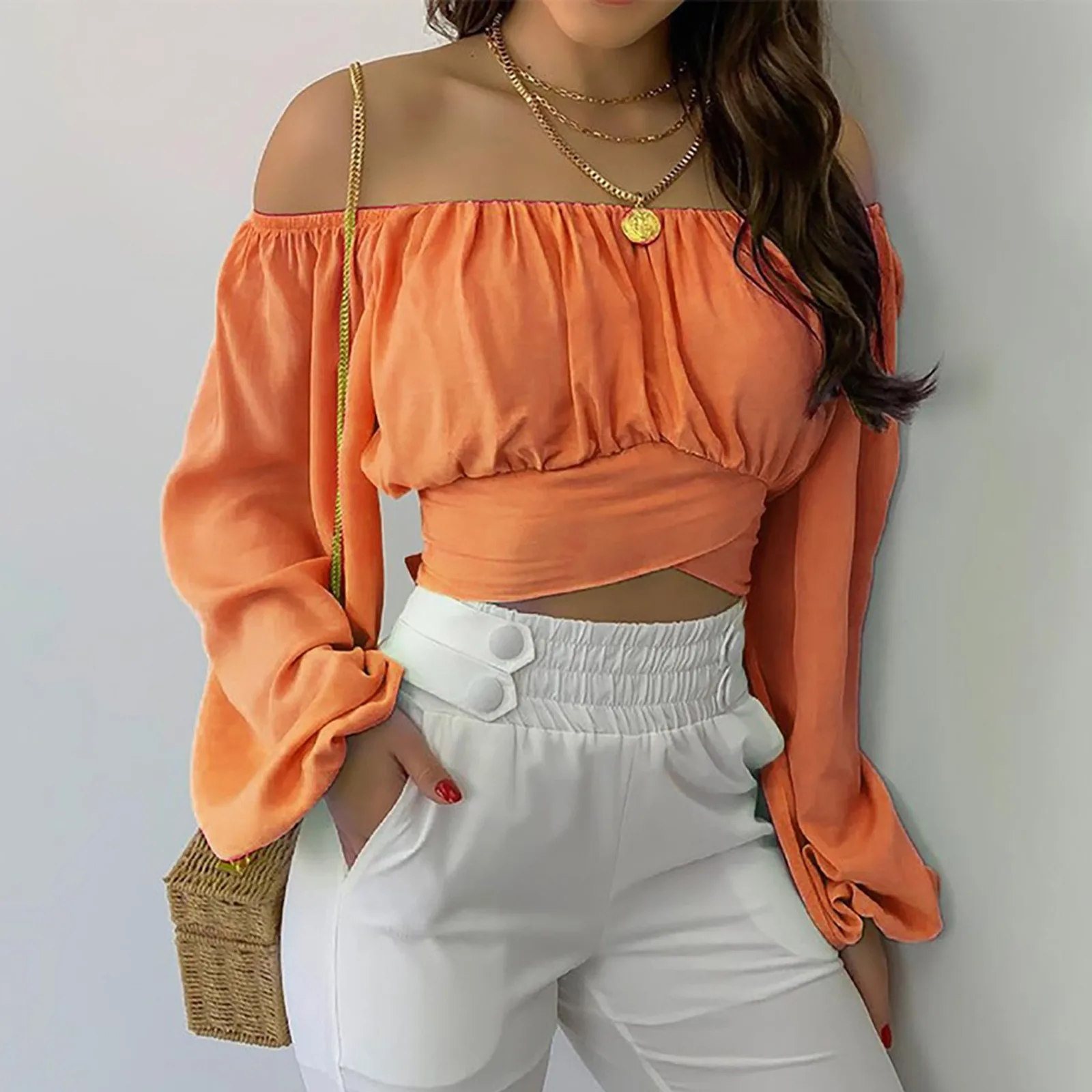 Women Sexy Off Shoulder Blouse Chic and Elegant Printing Lantern Long Sleeve Lace Up Bow Cropped Tops Casual Slim Shirts 2024 - Image 19