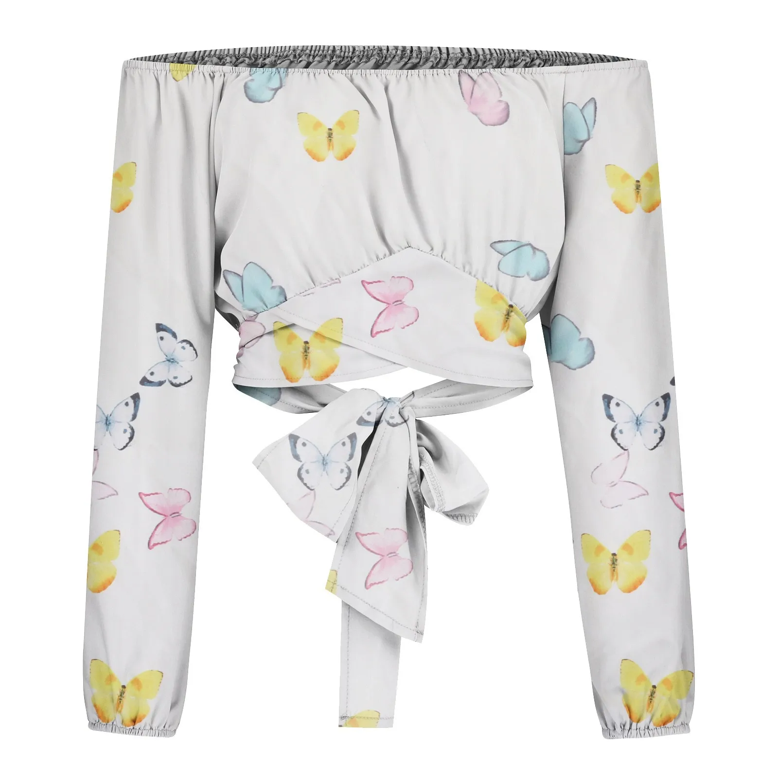 Women Sexy Off Shoulder Blouse Chic and Elegant Printing Lantern Long Sleeve Lace Up Bow Cropped Tops Casual Slim Shirts 2024 - Image 24